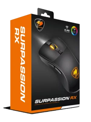 Souris de jeu sans fil Surpassion RX avec capteur optique de haute précision, six boutons programmables et rétroéclairage LED RGB personnalisable.